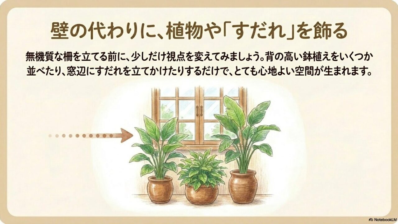 柵の代わりに窓辺に背の高い観葉植物を並べた心地よい空間