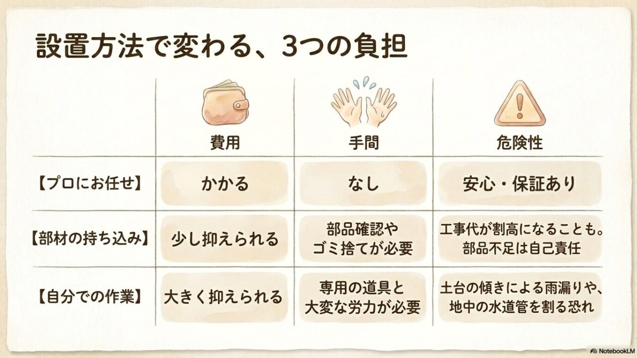 物置設置における「プロにお任せ」「部材の持ち込み」「自分での作業」の費用・手間・危険性の3つの負担の比較表