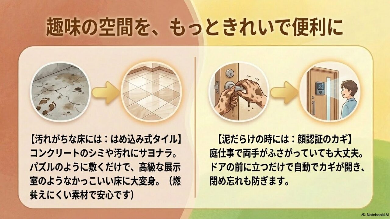 趣味の空間を、もっときれいで便利に。汚れがちなコンクリート床をはめ込み式タイルできれいにし、泥だらけの手でも顔認証で開くスマートロックを導入する提案です。