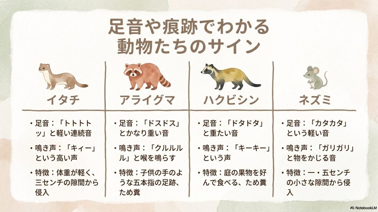 イタチ、アライグマ、ハクビシン、ネズミの足音や鳴き声、特徴的なサインをまとめた比較表のスライド