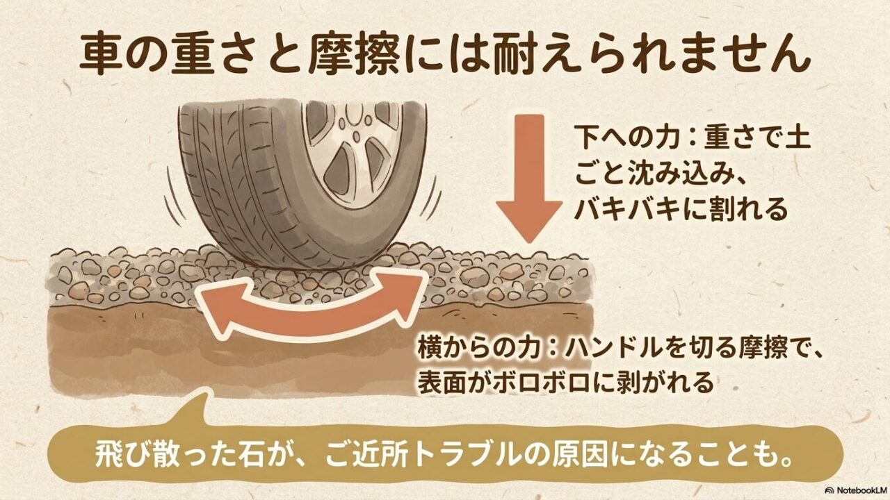 車の重さで土ごと沈み込みひび割れる様子と、タイヤの摩擦で表面が剥がれる図解