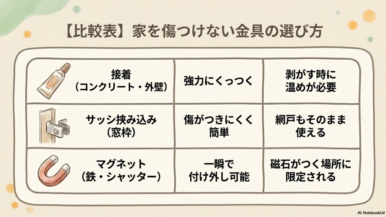 接着、サッシ挟み込み、マグネット式の取り付け金具の特徴比較表