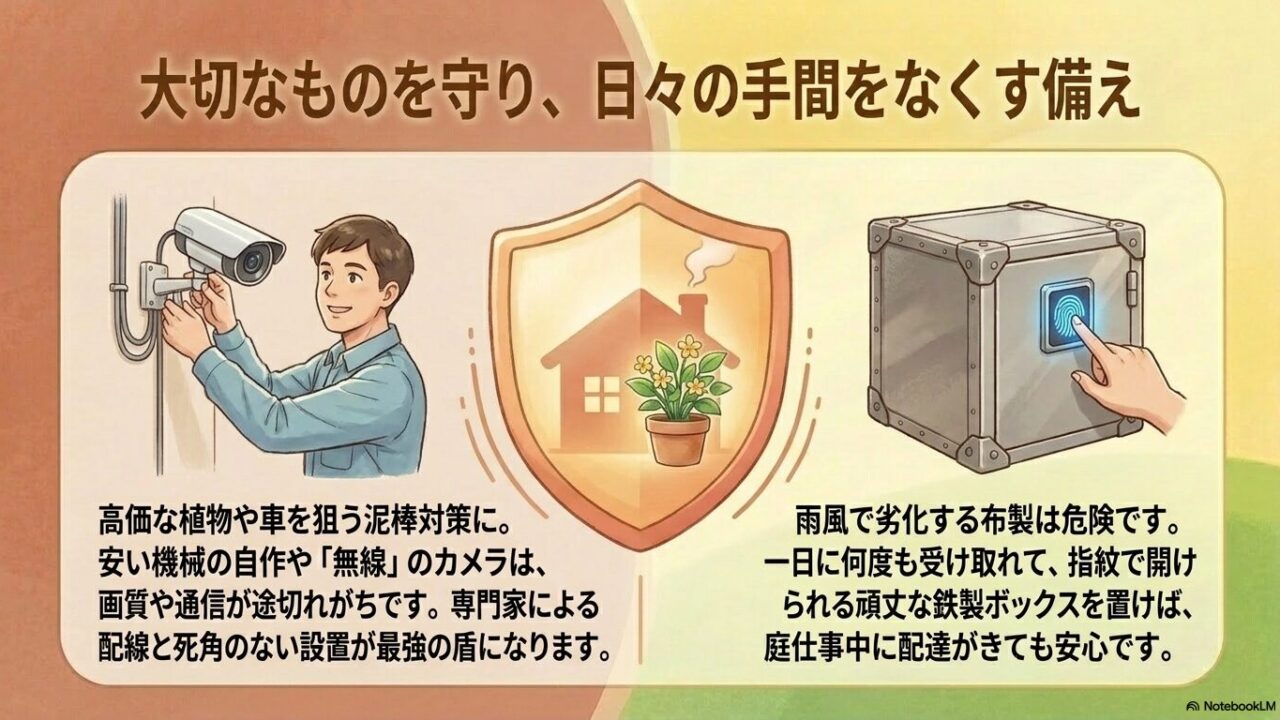 大切なものを守り、日々の手間をなくす備え。専門家による死角のない防犯カメラの設置と、頑丈で指紋認証機能が付いた鉄製宅配ボックスの導入をおすすめしています。