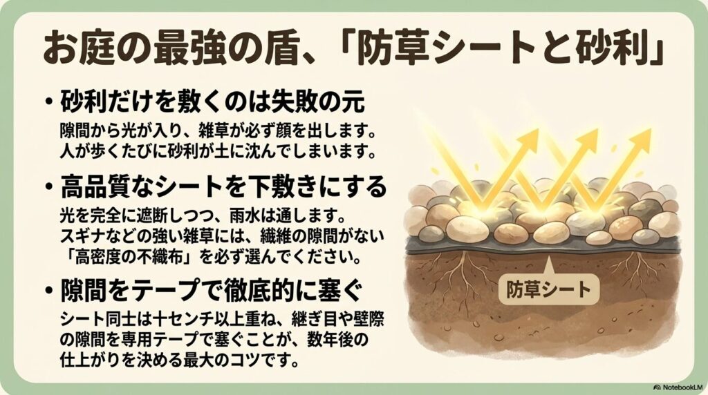砂利単体での失敗を防ぎ、高品質な防草シートと砂利を組み合わせて徹底的に雑草を防ぐ方法
