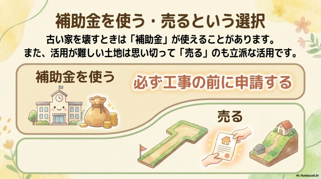 外構の専門業者が草刈り機と防草シートを使って土地の土台作りをしているイラスト