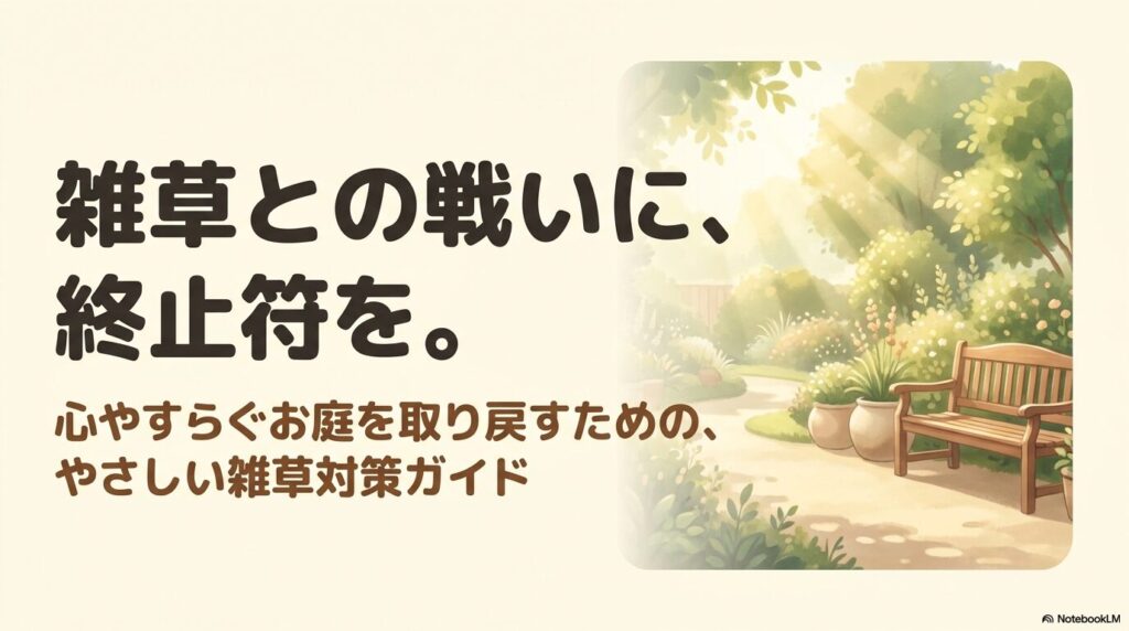 雑草との戦いに終止符を打つための、やさしい雑草対策ガイドの表紙スライド