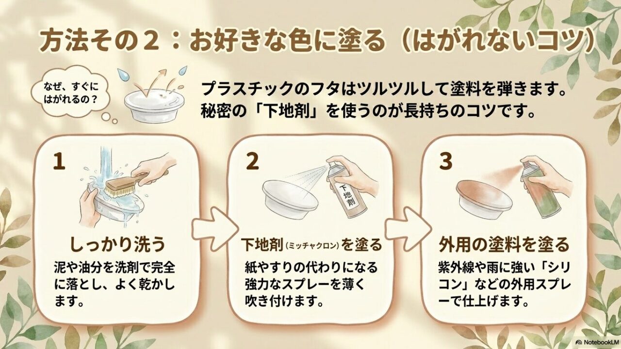 フタをしっかり洗い、ミッチャクロンなどの下地剤を塗り、外用の塗料で仕上げる長持ちのコツ