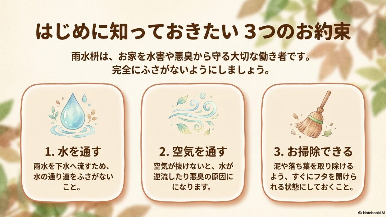 雨水枡は水害や悪臭からお家を守るため、完全にふさがないようにするお約束。 水を通す、空気を通す、お掃除できる状態にしておくことが重要です。