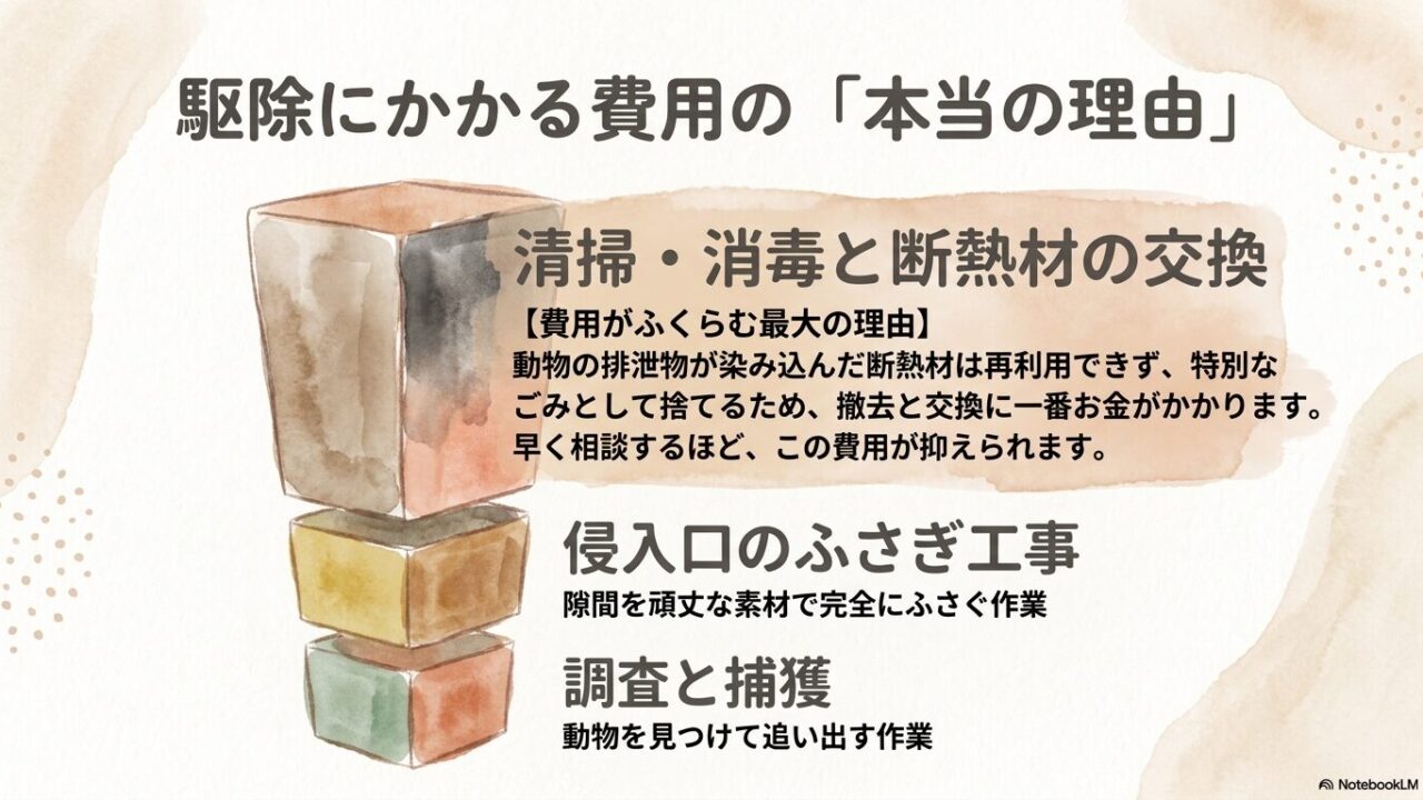 害獣駆除費用の中で、糞尿で汚染された断熱材の撤去・交換と清掃・消毒が最も大きな割合を占める理由を説明したスライド