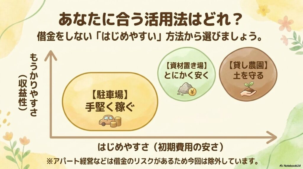 駐車場のアスファルトの隙間にタマリュウを植え、小さな花壇を設けたハイブリッド空間のイラスト