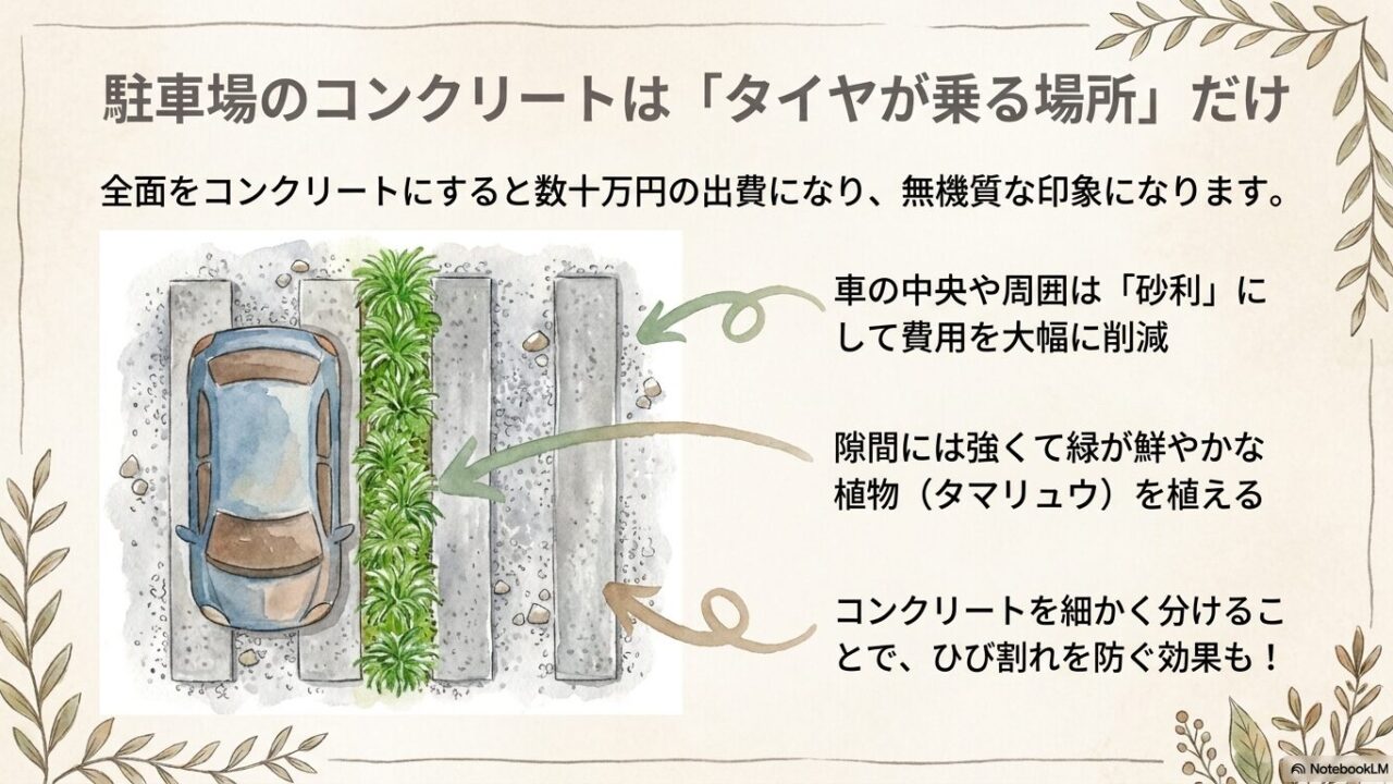 駐車場のタイヤが乗る部分だけコンクリートを打ち、他を砂利や緑にすることで費用を抑えるスライド