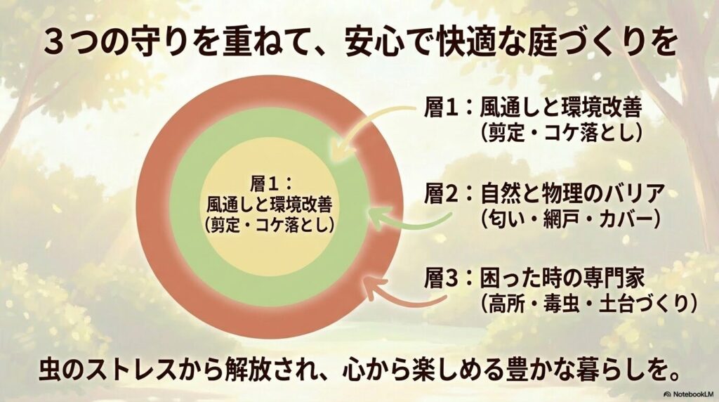 環境改善、物理バリア、専門家への相談という3つの守りを重ねることで虫のストレスから解放されることをまとめたスライド