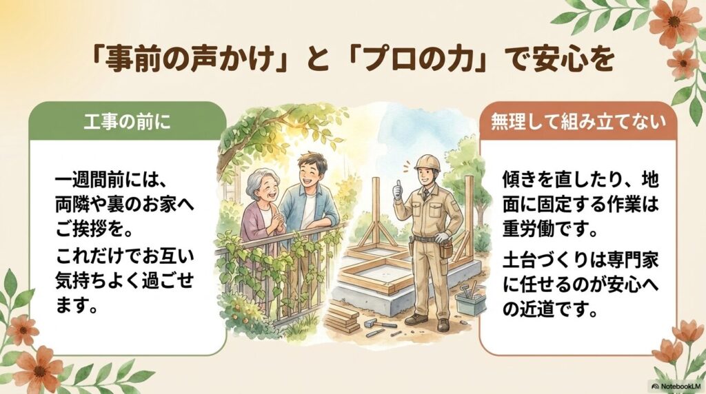 お隣同士でフェンス越しに笑顔で挨拶を交わすイラストと、専門家に土台作りを任せるメリットの解説