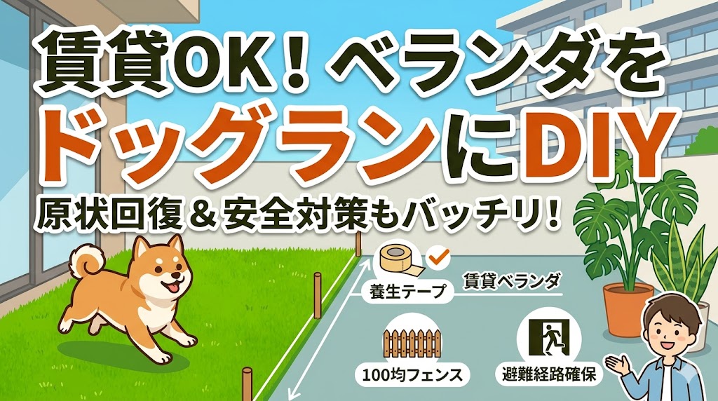 賃貸アパートのベランダを人工芝と植物でドッグランにするDIYアイデア。犬が走り回り、養生テープや100均フェンス、避難経路確保のアイコンが描かれたサムネイル画像。