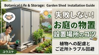 お庭に置かれたグレーの物置を背景に、ガーデニンググッズを持った笑顔の男性（ユウスケ）が「失敗しない！お庭の物置 設置場所のコツ」というキャッチコピーとともに写っている。日照、風通し、境界線からの距離などを考慮し、ご近所トラブルを回避しながら植物に配慮した設置方法を提案しているサムネイル画像。
