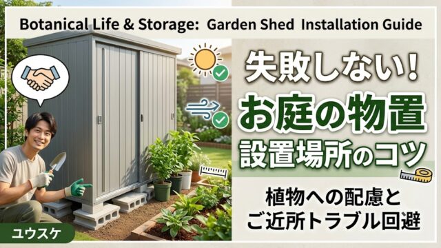 お庭に置かれたグレーの物置を背景に、ガーデニンググッズを持った笑顔の男性（ユウスケ）が「失敗しない！お庭の物置 設置場所のコツ」というキャッチコピーとともに写っている。日照、風通し、境界線からの距離などを考慮し、ご近所トラブルを回避しながら植物に配慮した設置方法を提案しているサムネイル画像。