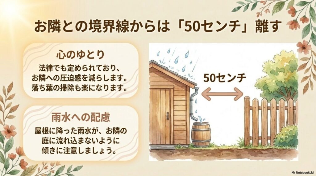 隣家との境界線から物置を50センチ離すことで、圧迫感を減らし、雨水の流入を防ぐ理由を説明するスライド