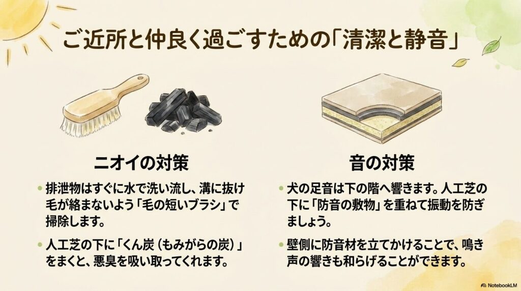 人工芝の下に防音の敷物や悪臭を吸い取るくん炭を重ねる構造と、壁側に防音材を立てかける音対策の図解
