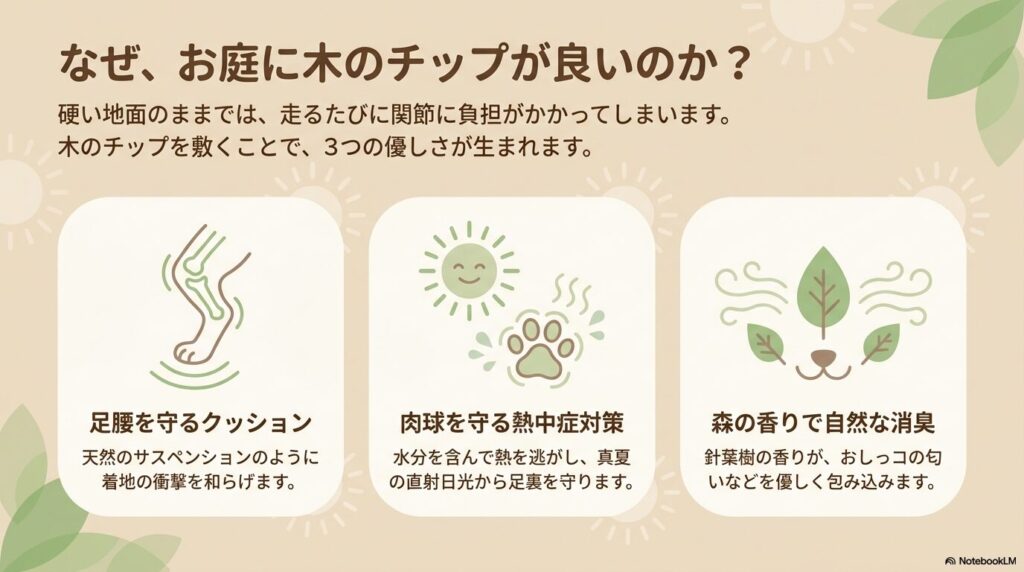 ウッドチップのクッション性、冷却効果、消臭効果を説明する図解