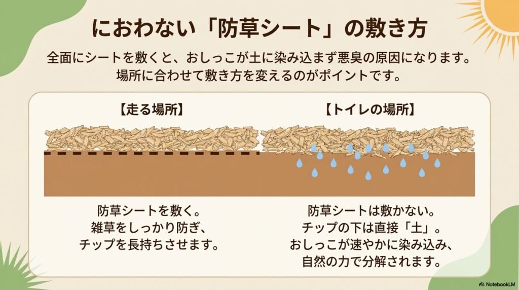 走行エリアとトイレエリアで防草シートの有無を分ける方法