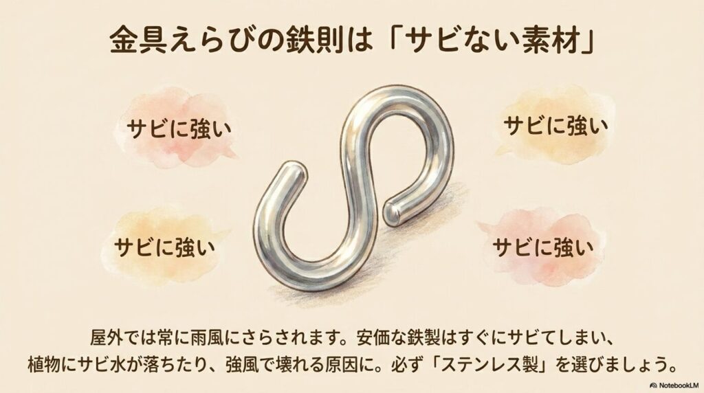 アイプレート、サッシ用金具、マグネットフックの3種類のタープ固定具の比較表イラスト