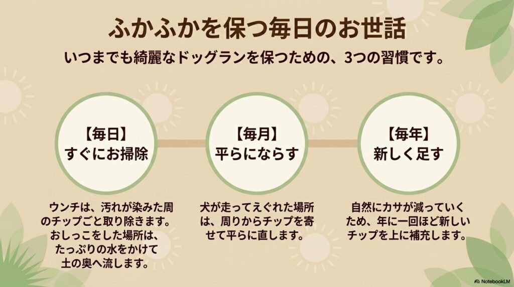 毎日の掃除、毎月のならし、毎年の補充方法の図解