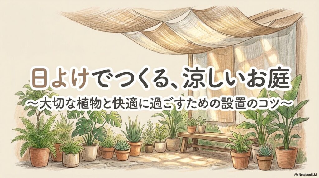強い日差しで枯れかけた植物と、日よけタープの下で元気な植物の比較イラスト