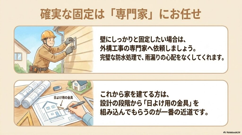 日よけタープが張られた涼しいウッドデッキでくつろぐ家族と植物のイラスト
