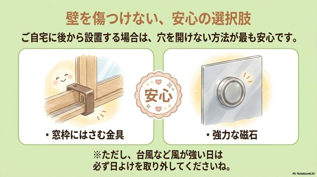 外構工事の専門家が壁に金具を取り付けている様子と、新築設計図に日よけ用金具が描かれたイラスト