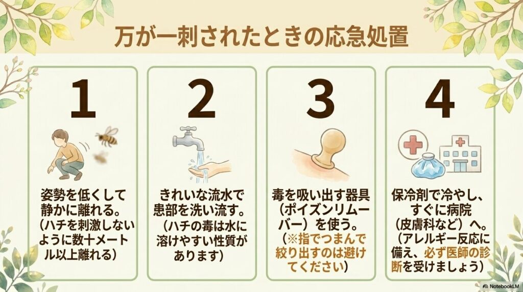 ハチに刺された時の応急処置。1.姿勢を低くして静かに数十メートル以上離れる、2.きれいな流水でハチの毒を洗い流す、3.ポイズンリムーバーを使う（指で絞り出すのは避ける）、4.保冷剤で冷やしすぐに皮膚科などの病院へ行く、という4つのステップを説明するスライド