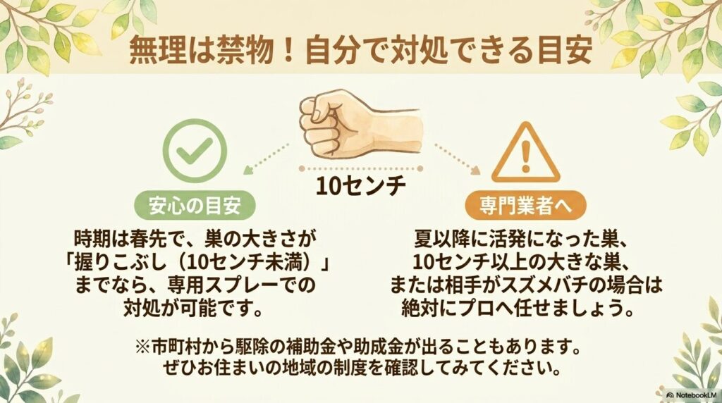 自分で対処できる安心の目安は「春先で巣の大きさが握りこぶし（10センチ未満）まで」とし、夏以降に活発になった巣や10センチ以上の大きな巣、またはスズメバチの場合は絶対にプロへ任せるよう促すスライド