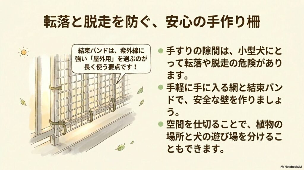 ベランダの手すりにワイヤーネットを紫外線に強い屋外用の結束バンドで固定し、転落や脱走を防ぐ手作り柵のイラスト