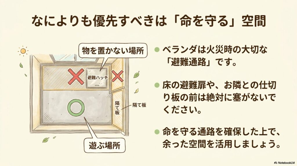 避難ハッチや隔て板の前には物を置かず、安全な場所を遊ぶ場所にするベランダドッグランのレイアウト図解