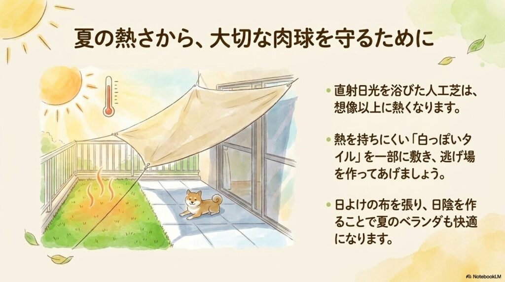 サンシェードを張って日陰を作り、熱を持ちにくい白っぽいタイルを一部に敷いて犬の逃げ場を作るベランダのイラスト