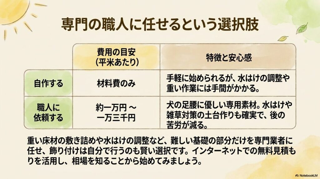ベランダドッグランを自作する場合と専門の職人に依頼する場合の費用目安や特徴を比較した表