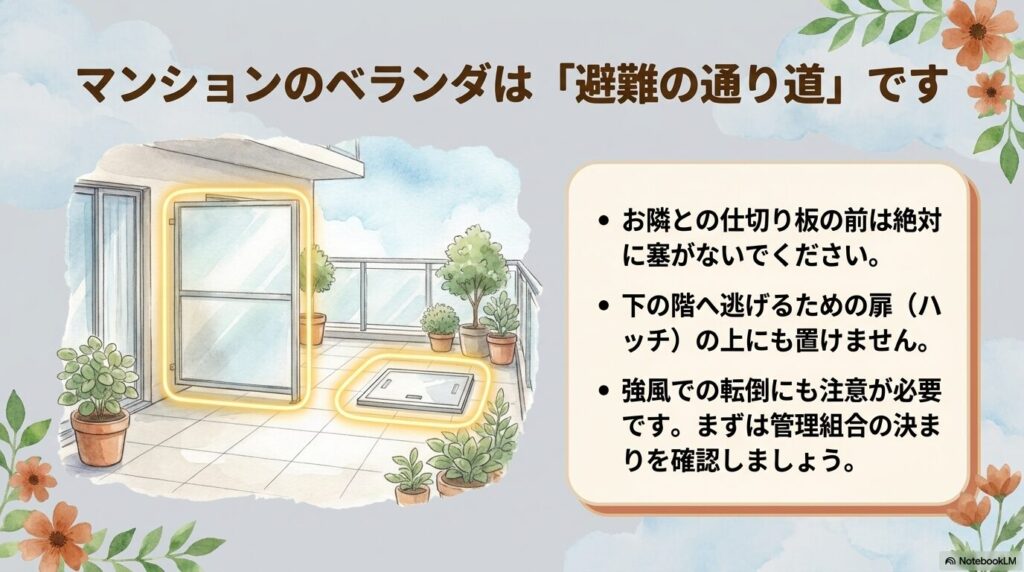 マンションのベランダにおける仕切り板や避難ハッチの上など、塞いではいけない場所の注意書き