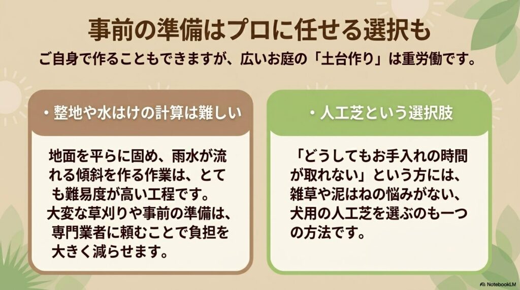 DIYの難しさと、プロへの依頼や人工芝という選択肢の提案