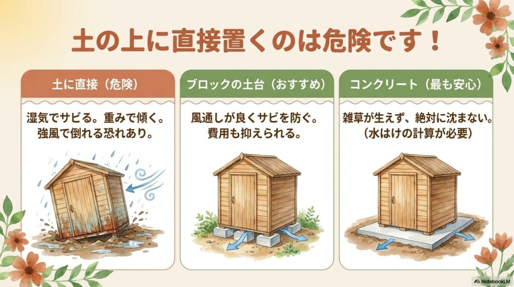 泥水に浸かり傾いた物置のイラストと、ブロック基礎の上に設置され風通しが確保されている安全な物置の比較イラスト