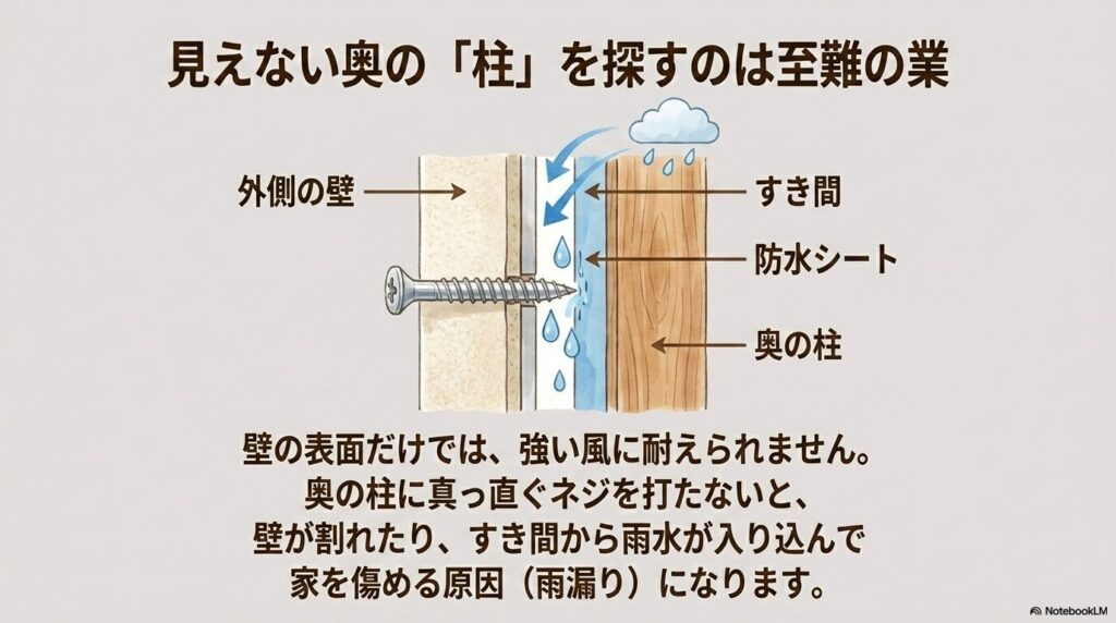 外壁材、通気層、透湿防水シート、奥の柱が重なる外壁の断面図イラスト