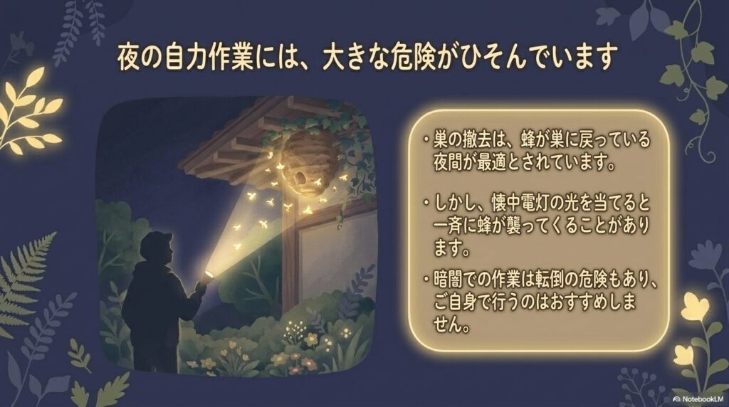 懐中電灯の光で蜂が一斉に襲ってきたり、暗闇での転倒リスクがあるなど夜間自力作業の危険性の解説