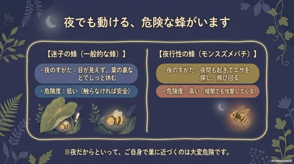 一般的な蜂と異なり、夜間も起きて飛び回る危険なモンスズメバチの生態比較