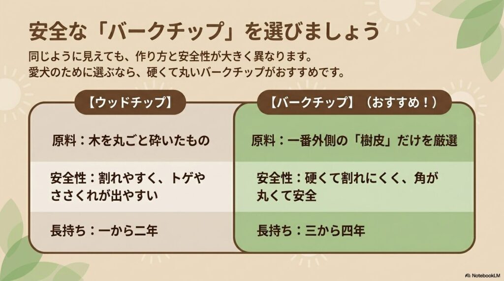 バークチップとウッドチップの違いを比較した表