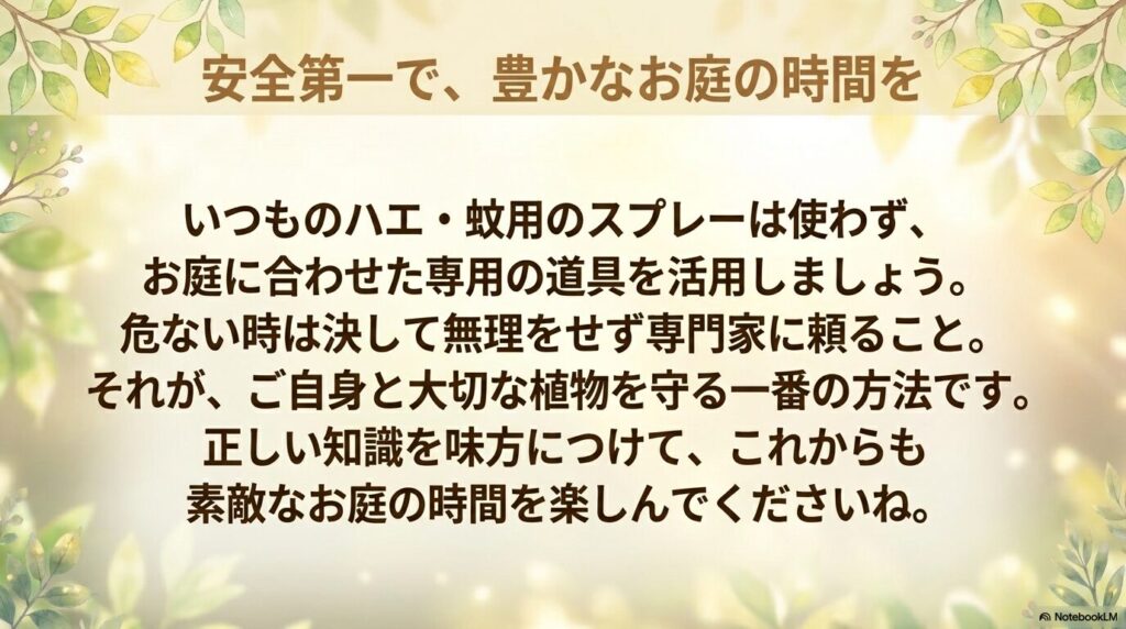 「安全第一で、豊かなお庭の時間を」という見出し。いつものハエ・蚊用スプレーは使わずお庭に合わせた専用の道具を活用すること、危ない時は無理せず専門家に頼ることがご自身と大切な植物を守る一番の方法であると伝える結びのスライド。