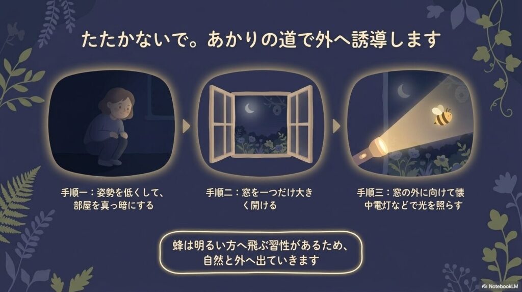 部屋を暗くし、窓を開けて懐中電灯の光の道で蜂を安全に外へ誘導する手順