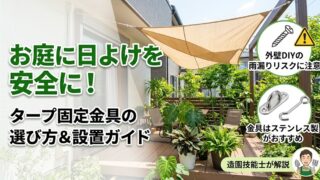 夏の庭に設置された日よけタープと、その下で元気に育つ多くの観葉植物。建物にタープを固定するステンレス製の金具（アイプレートとサッシ用フック）が強調されており、『タープ固定金具の選び方＆設置ガイド』『安全に！』『外壁DIYの雨漏りリスクに注意！』『金具はステンレス製がおすすめ』というテキストが添えられている。右下には造園技能士のイラストも。