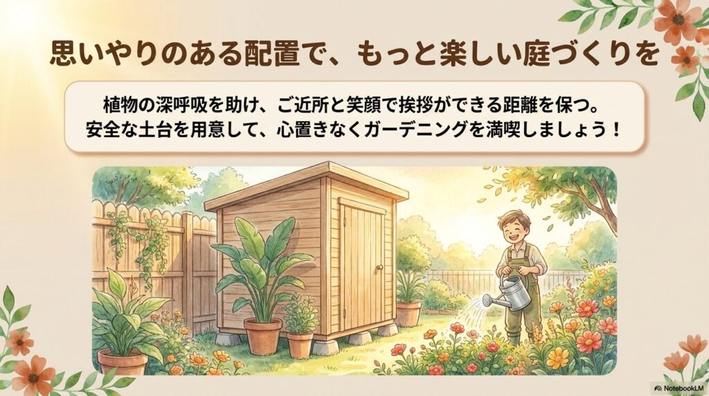 適切なブロック基礎の上に安全に設置された物置のそばで、笑顔で花壇に水やりを楽しむ男性のイラスト