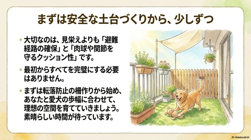 日よけとフェンスが設置された安全な人工芝のベランダで、おもちゃで遊ぶ嬉しそうな犬のイラスト
