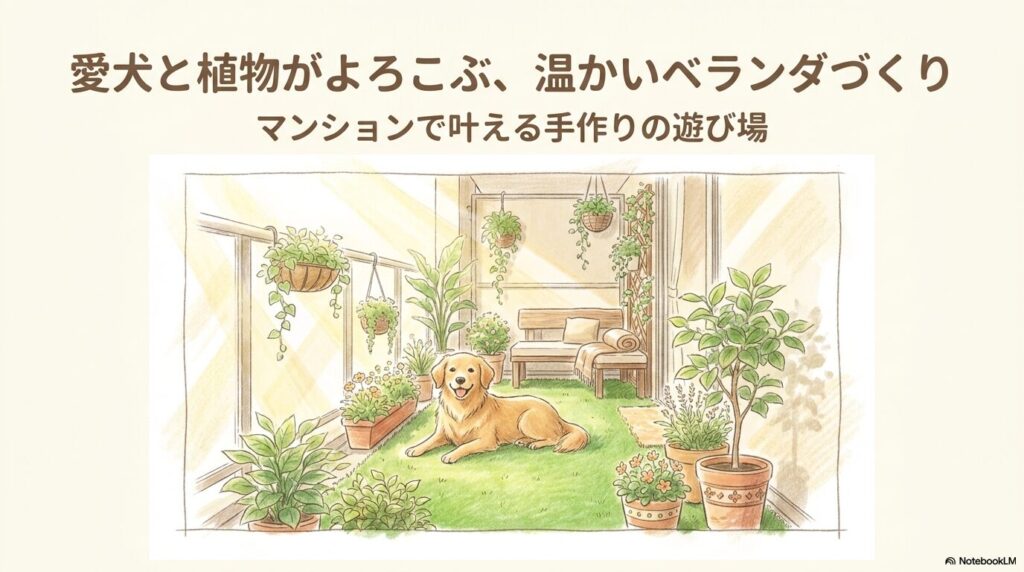 観葉植物と人工芝が敷かれたベランダでくつろぐゴールデンレトリバーのイラスト
