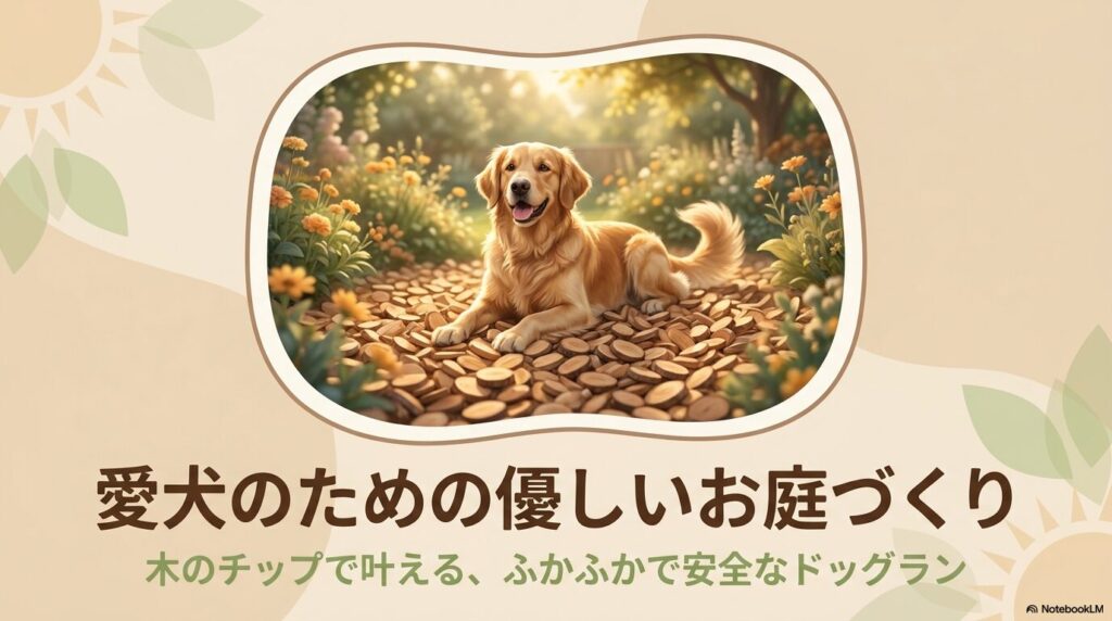愛犬がウッドチップの上でくつろぐ様子