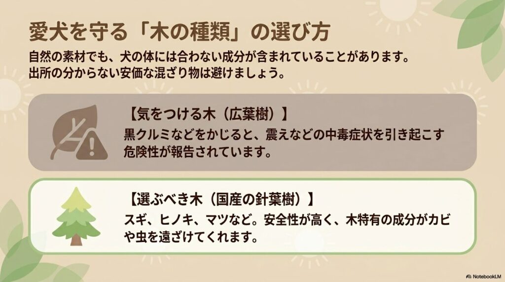 安全な針葉樹と注意すべき広葉樹を分けた図解